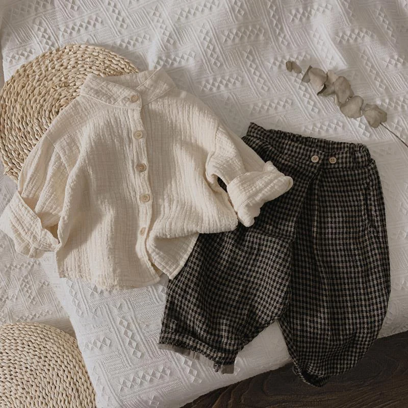 Children's Retro Muslin 100% Cotton Shirts Spring Autumn New Korean Boys And Girls Casual Stand-Up Collar Button Tops WT042