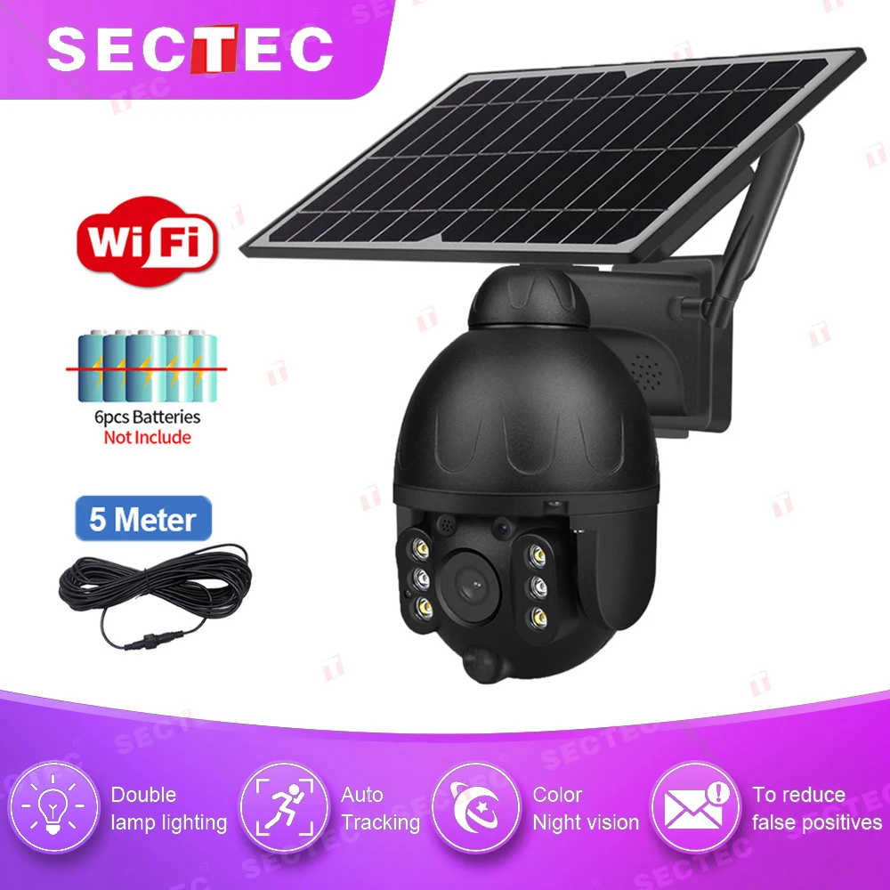 SECTEC Outdoor Solar Camera WIFI Wireless Security Protection Black Detachable Solar Cam Battery CCTV PIR Video Surveillance inqmega 4mp wifi solar panel wifi outdoor camera security ptz cctv pir motion detection detachable battery surveillance camera