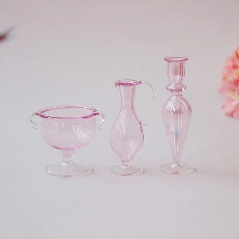 1/12 Pink Candlestick Vase Dollhouse Miniature Accessories Mini Bottle Glass Set Simulation Model Toy for Doll House Decoration 5