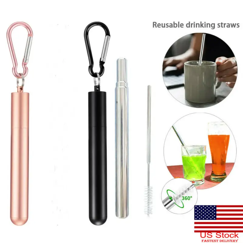 Portable Stainless Steel Telescopic Drinking Straw Reusable Straw Brush Set Kit Folding Drinking Straws for Travel Outdoor