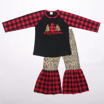 

Double 11/11 Girls Christmas Outfits Cute Red Plaid Top Leopard pants Kids Boutique Remakes Knitted Set