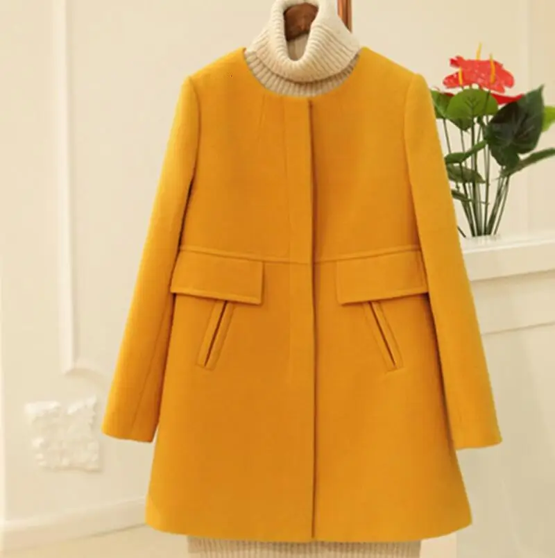 Fashion coats round neck long-sleeved single-breasted wool coat female autumn winter multi-color large size warm jacket outwear