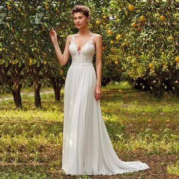 

Chiffon Boho A Line V Neck Wedding Dress Lace Appliqued Backless Bohemia Sashes Bride Dress 2019 vestido de novia