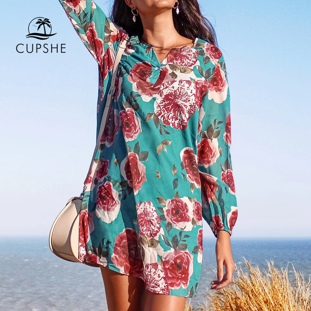 

CUPSHE Blue and Red Floral Print Cover Up Sexy V-neck Tunic Beach Dress Women Summer Beach Bathing Suit Beachwear