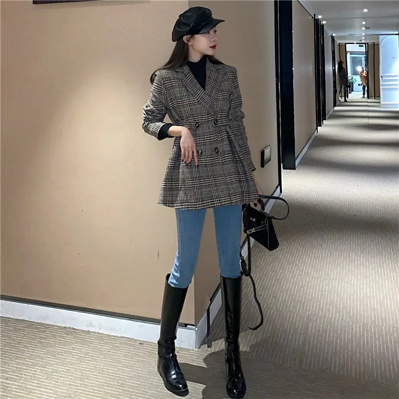 Женская Ретро шерстяная куртка Осень Зима Новая модная винтажная Повседневная Свободная Клетчатая Шерстяная Куртка Женская Ретро верхняя одежда пальто