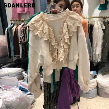 

Short Sweatshirt Women Long Sleeve Round Neck Korean Loose Pull Coat Autumn New Pullovers Student Lace Stitching Coat Femme