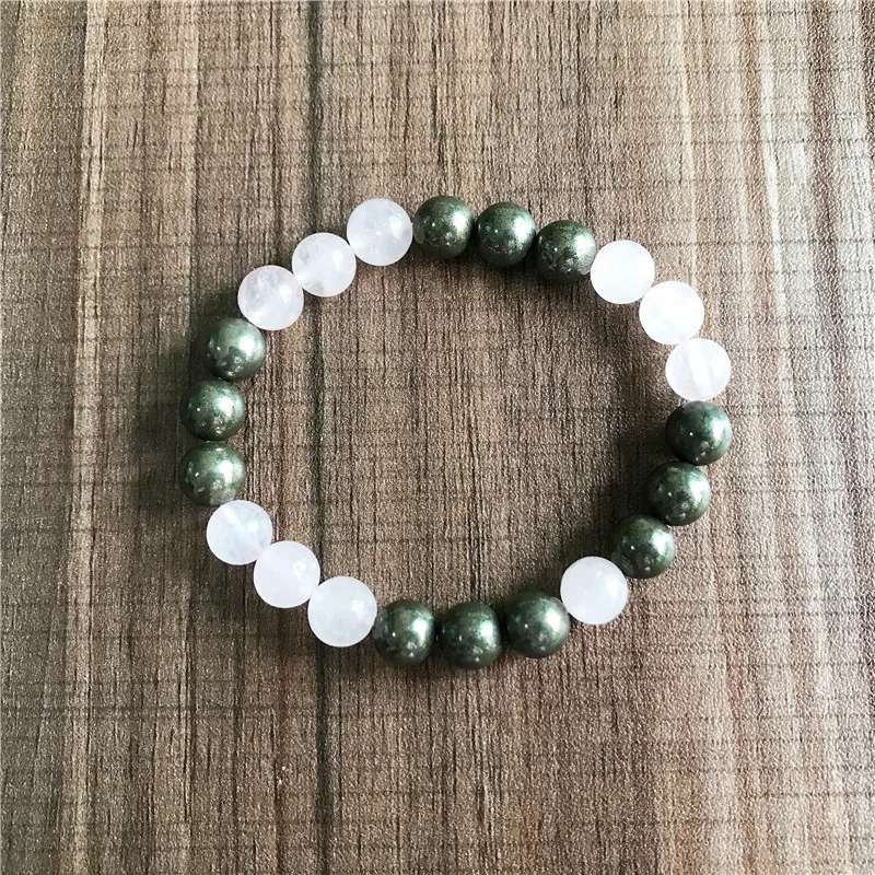 8MM Runde Perlen Pyrit & Rosenquarz Armband Mode Yoga Meditation Armbänder Handgelenk Armband Mädchen oder Junge Geschenk – Detail 3