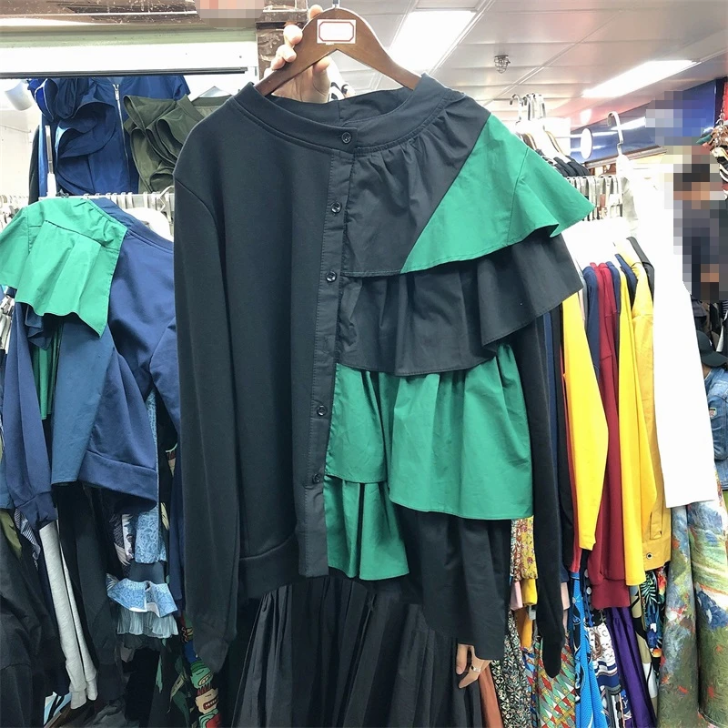 Neploe, женская блузка, контрастные цвета, с оборками, однобортная, Blusas,, осень, корейский стиль, Круглый ворот, длинный рукав, рубашки, женские топы, 56217
