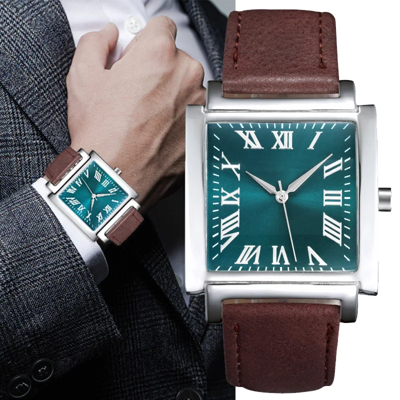 Rechthoekige Mode Mannen Horloges Groen Casual Lederen Quartz Horloge Romeinse Cijfers Vintage Rechthoekige Mode Mannen Horloges Groen Casual Lederen Quartz Horloge Romeinse Cijfers Vintage
