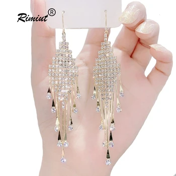Rimiut Fashion Women Clear Rhinestone Long Tassel Earrings 925 Silver Needle Temperament Earring Luxury Lady Party Drop Earrings