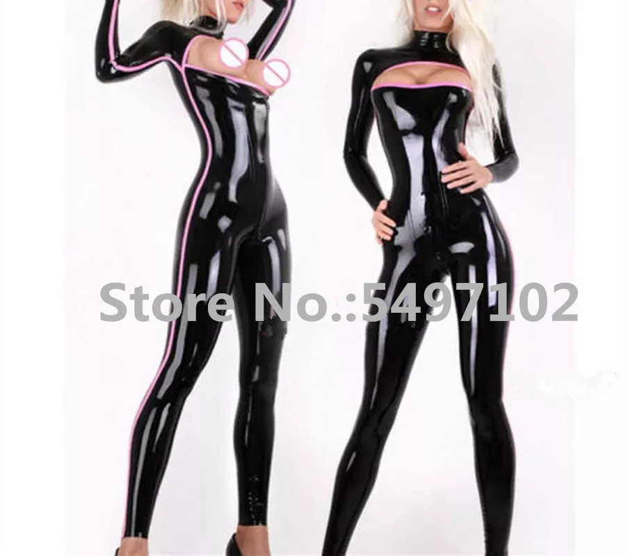Unique Bakc with Pink Strips Latex Bodysuit Open bust Rubber Catsuit Fetish Gay Costume Custom Made Plus Size | Тематическая одежда