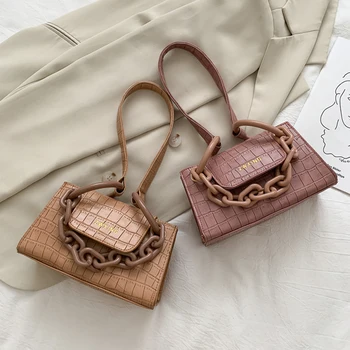 

Fashion Stone Pattern Handbag Totes Portable Women Acrylic Chain Circle Ring PU Leather Casual Female Underarm Shoulder Bags