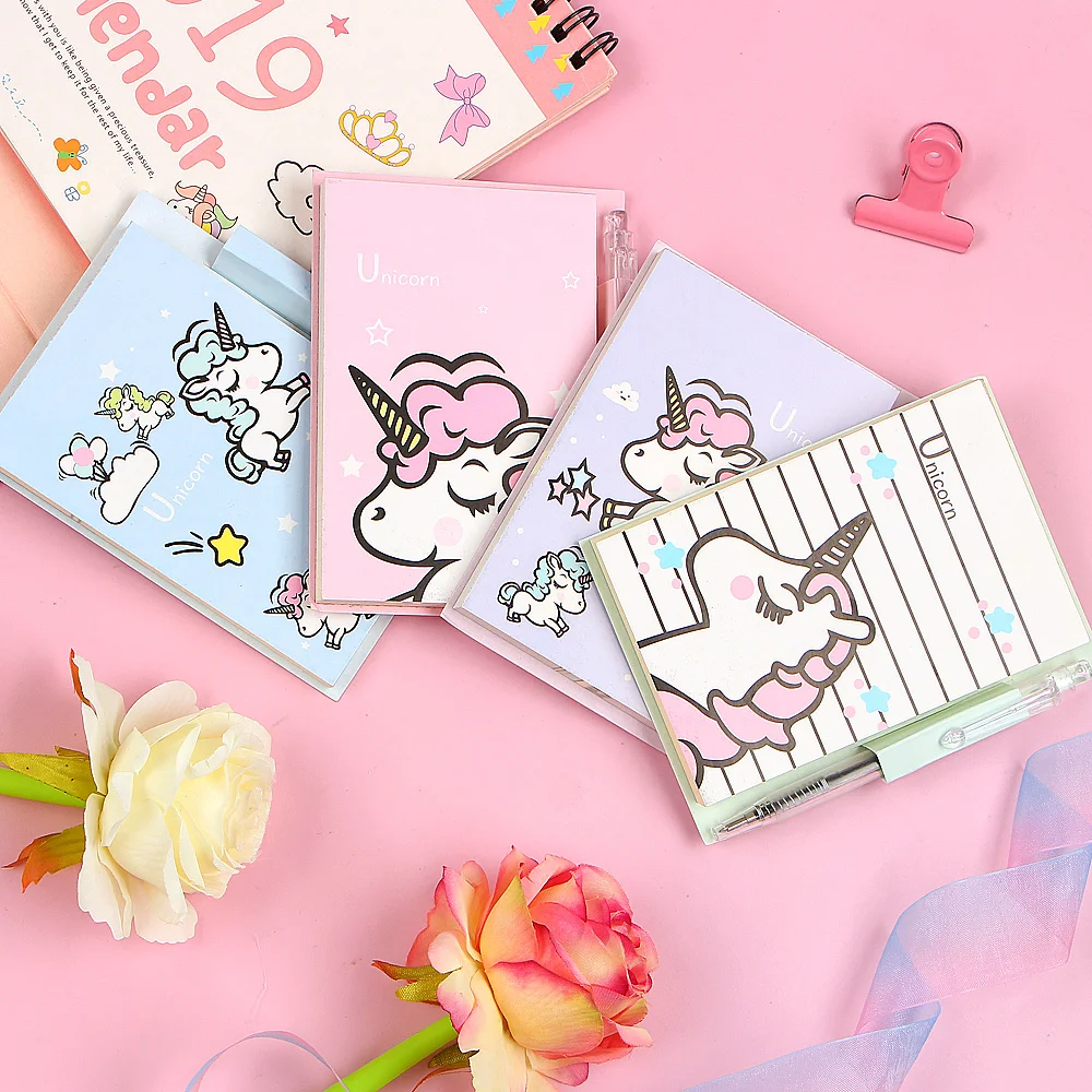 Kawaii Единорог портативный блокнот для записей с ручкой Студенческая бумага