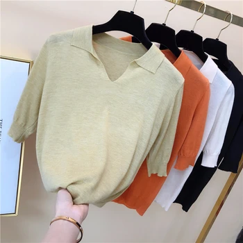 

Thin wool knitted half sleeve t shirt women 2020 summer new arrival turn-down collar casual tops modis slim tee shirt femme