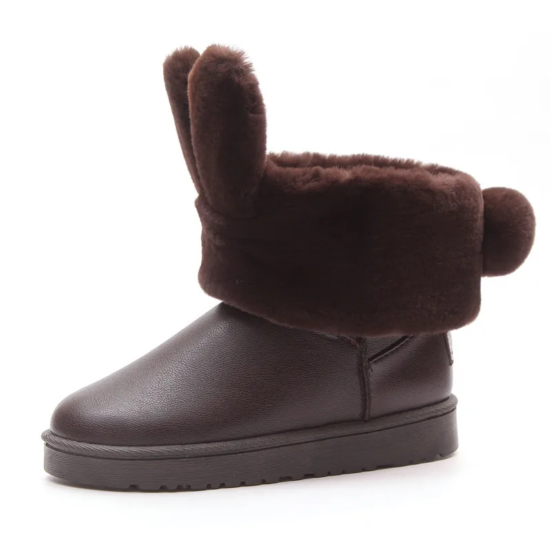 Lucyever Classic Women Rabbit Ears Snow Boots Faux Fur Comfortable Warm Winter Shoes Woman Casual Slip on Platfrom Ankle Boots - Цвет: Коричневый