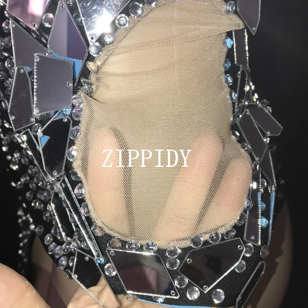Flashing Silver Mirrors Rhinestones Dress Birthday Celebrate Black Shining Stage Latin DRESS Evening Bar Singer Dancer Show Outfit