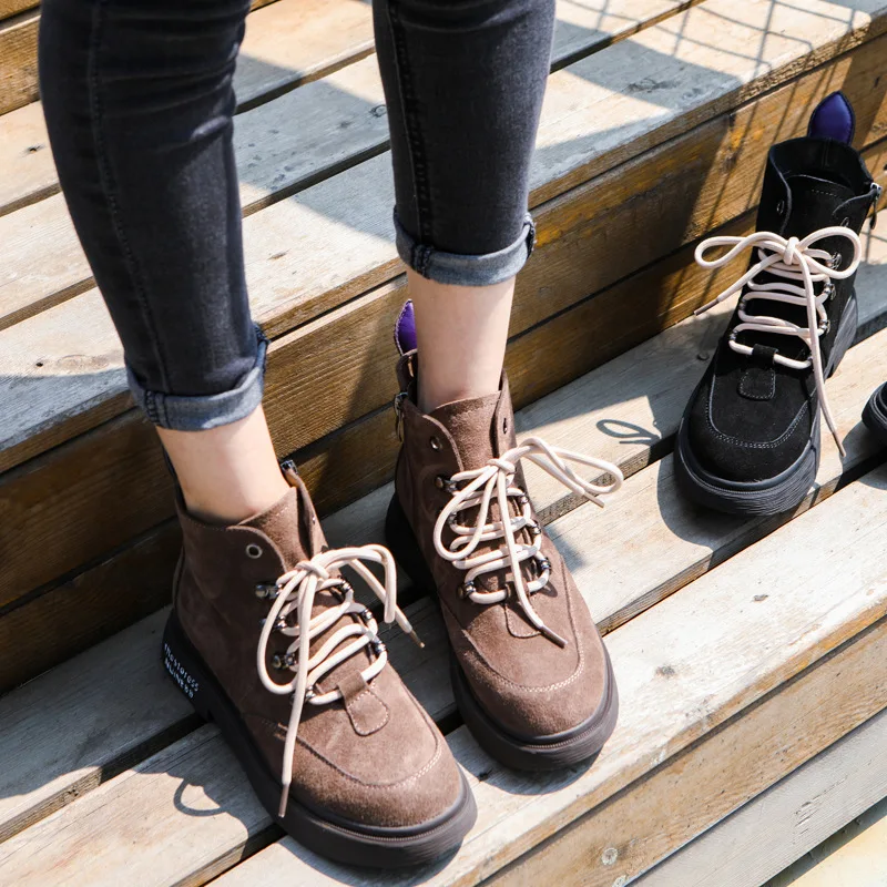 

Ankle Round Toe Low Women Boots Solid Fashion Punk Motorcycle Boots Concise Lace Up Shoes