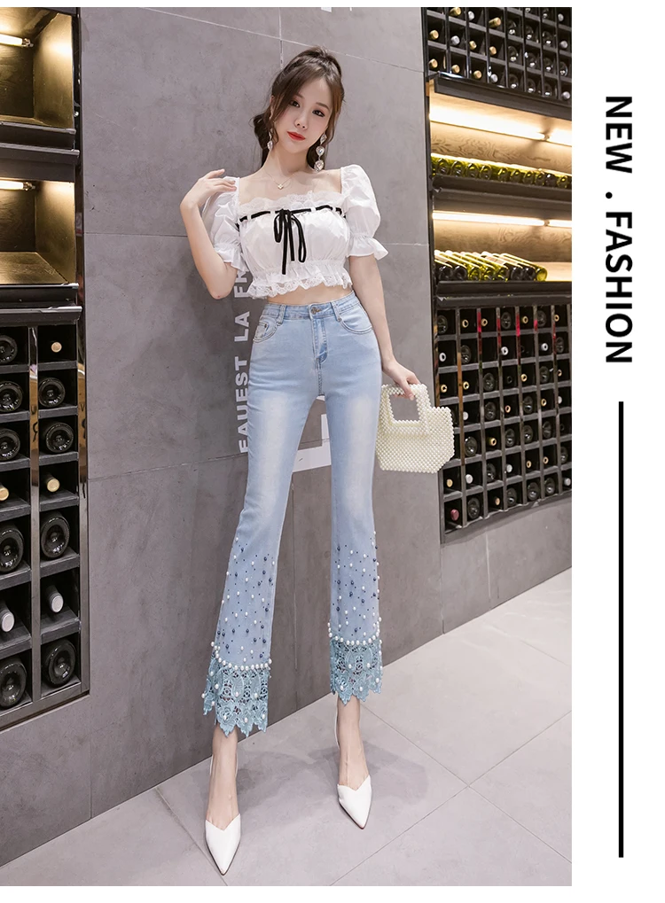 Women's High Waist Jeans Slim Elastic Vintage Peals Beading Lace Patchwork Hot Drilling Trouser Denim Flare Pants Female zara jeans