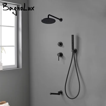 

Bagnolux Brass Matte Black Wall Embed Mount 3-Function Concealed Shower System 10 Inch Top Rain Spray Bathroom Faucet
