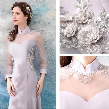 

Evening Dress 2019 High Collar Long Sleeve Evening Dresses for Women Appliques Robe De Soiree Floor Length Formal Gown E222