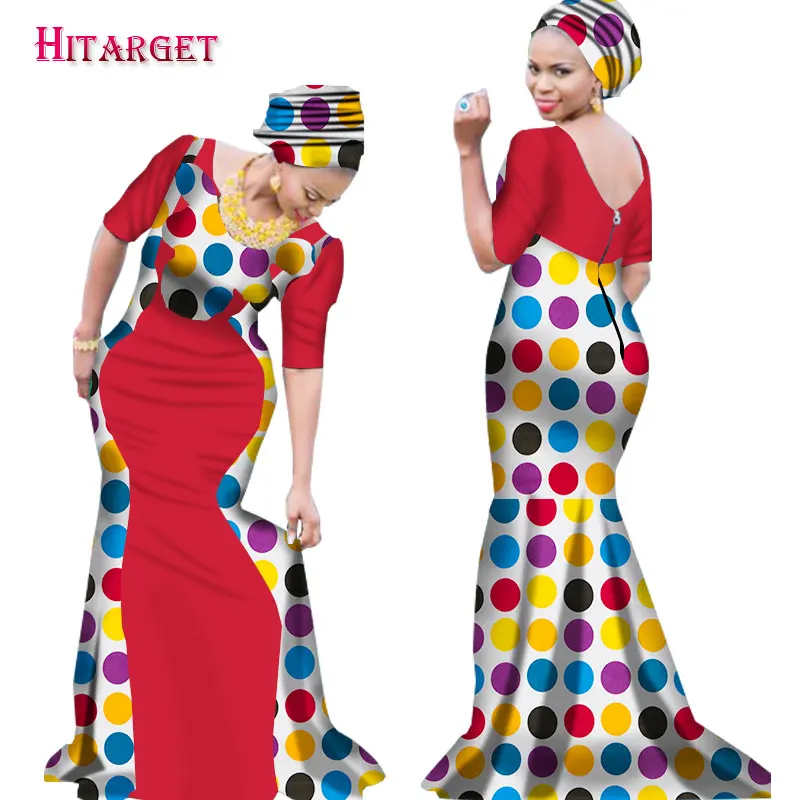 Новое платье Bazin Riche в африканском стиле для женщин, с принтом, с v-образным вырезом, платье русалки с галстуком на голову, Дашики, африканская одежда WY1645