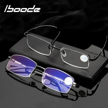 

iboode Ultralight Metal Titanium Reading Glasses Anti Blue Ray UV Protect Presbyopic Glasses for Presbyopia Half Frame Men Women