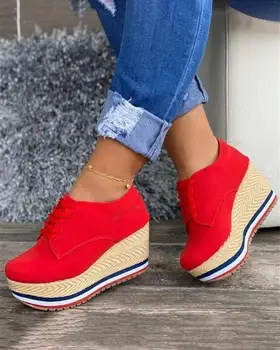 Vulcanize Shoes Women Sneakers Ladies Solid Color Wedge Thick Shoes Round Toe Lace-Up Comfortable Platform Sneakers 2021 Fashion 6