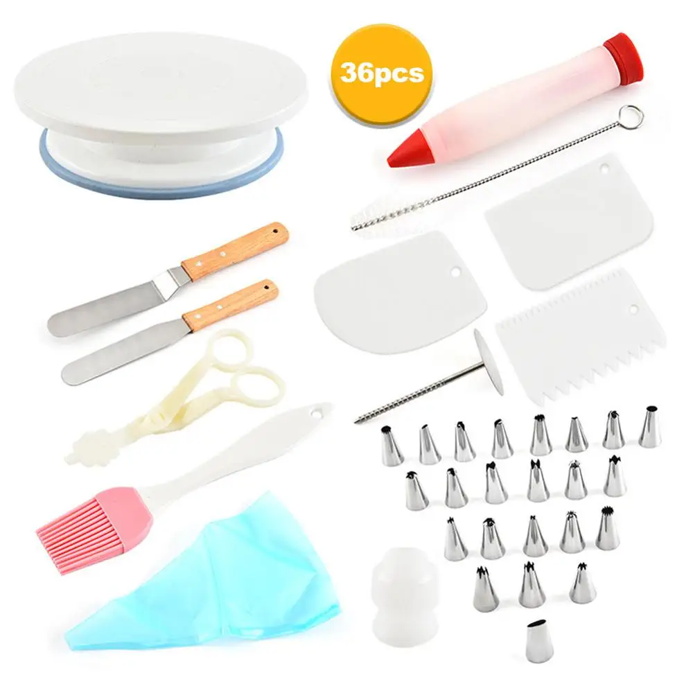 

36pcs Cake Turntable Set Pastry Tube Fondant Tool Kitchen Dessert Baking Pastry Tools Cake Decorating Kit scraper Cake Spatula