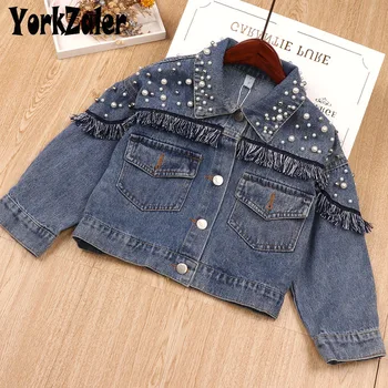 

Yorkzaler Spring Autumn kids Jacket For Girls Lapel Pearl Tassel Girl Coats Denim Blue Children Outerwear Casual Clothes 24M-6T