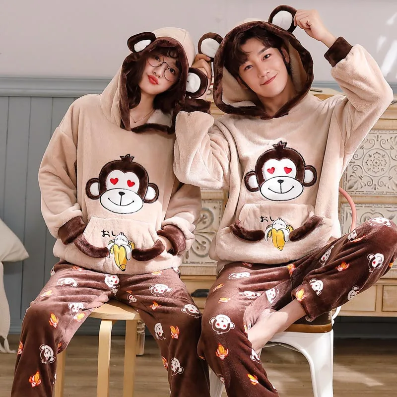 Unisex Adult Couple Pajamas Men Winter Velvet Sleepwear 2 Pieces Warm Flannel Pajamas Suit Set Animal Cartoon Cute Home Clothes mens sleep wear