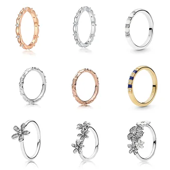

Silver Color Ring Charms Rose Gold Classic Pattern Clover Flower Crystal Finger Ring For Women Party Pandora Jewelry
