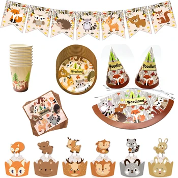

Forest Animal Series Woodland Zoo Forest Fox Lion Elephant plate cup napkin Birthday Party Disposable Cake Decoration Supplies