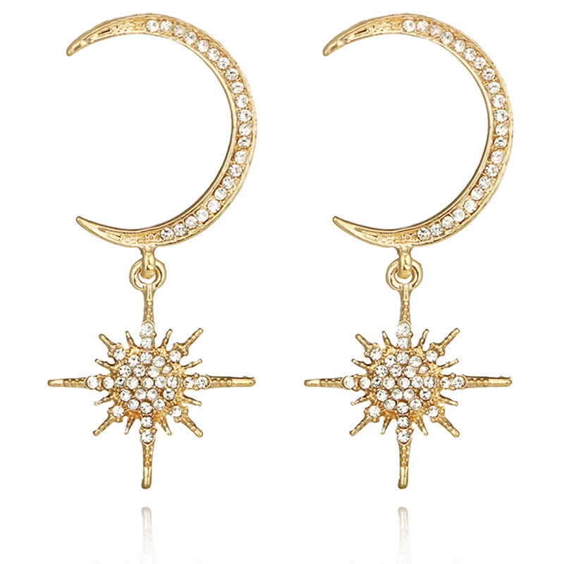 Big Luxury Sun Moon Stars Drop Earrings Rhinestone Punk Boho Vintage Statement For Women Jewelry Gold | Украшения и аксессуары