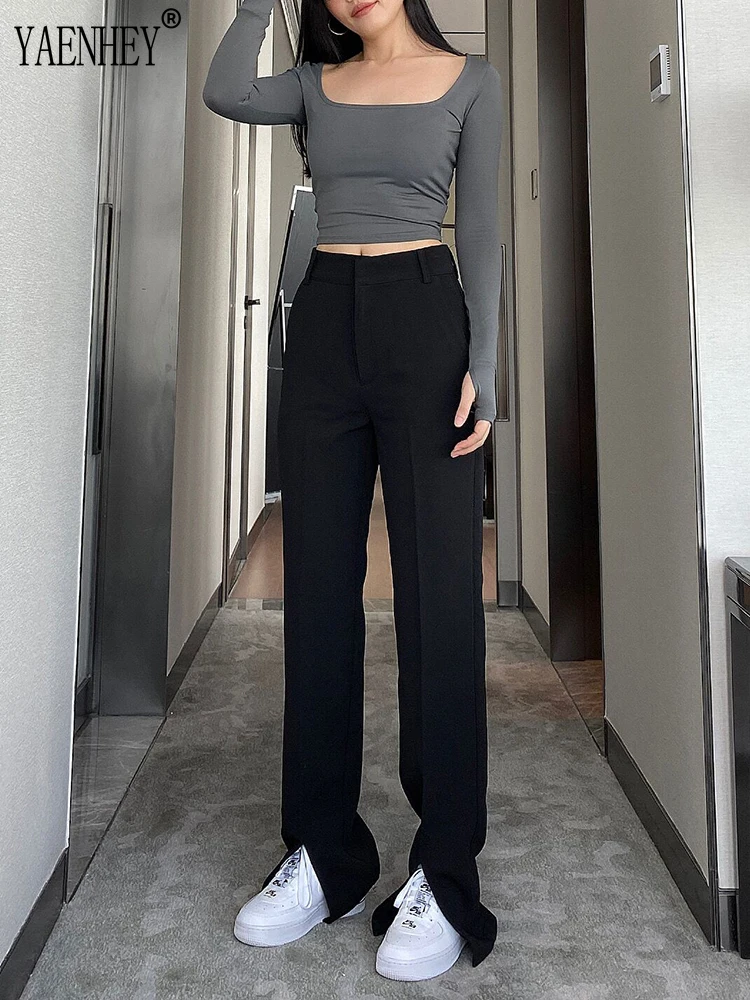 Pantalones acampanados negros de pierna con abertura para mujer, ropa de oficina de longitud completa, ropa de calle Lisa recta para el trabajo, estilo coreano 2021 - AliExpress Ropa mujer