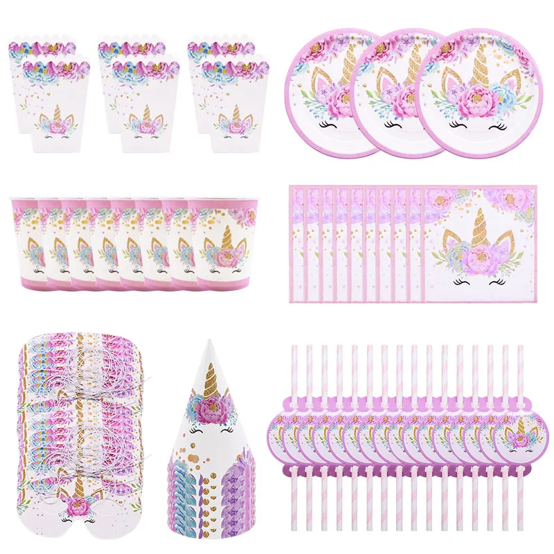 1Set Unicorn Party Supplies Disposable Tableware Kits Birthday Party Unicornio Decoration Kids Gift Box Unicorn Paper Plates