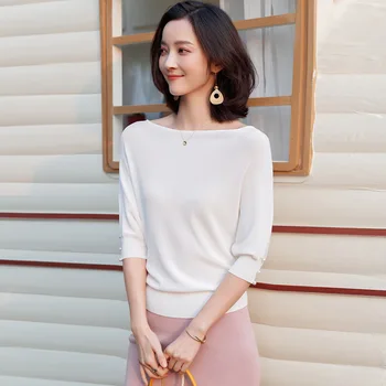 

Women's new solid color round neck five-point sleeve knitted T-shirt