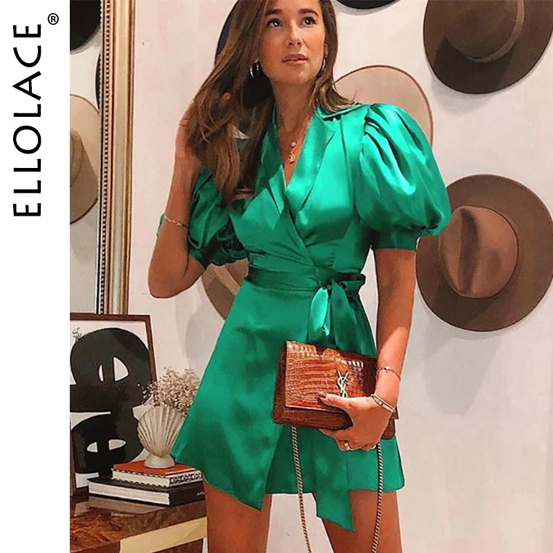 

Ellolace Elegant Silk Green Mini Dress Women V-Neck Short Sleeve Party Club Clothing with Belt Solid 2019 Female Vestidos Dress