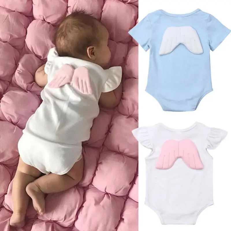 Cute Newborn Infant Baby Girl Boy Bodysuit Jumpsuit Angel Wings Playsuit Sunsuit Summer Unisex Kids Cotton Clothes Outfit 0-18M