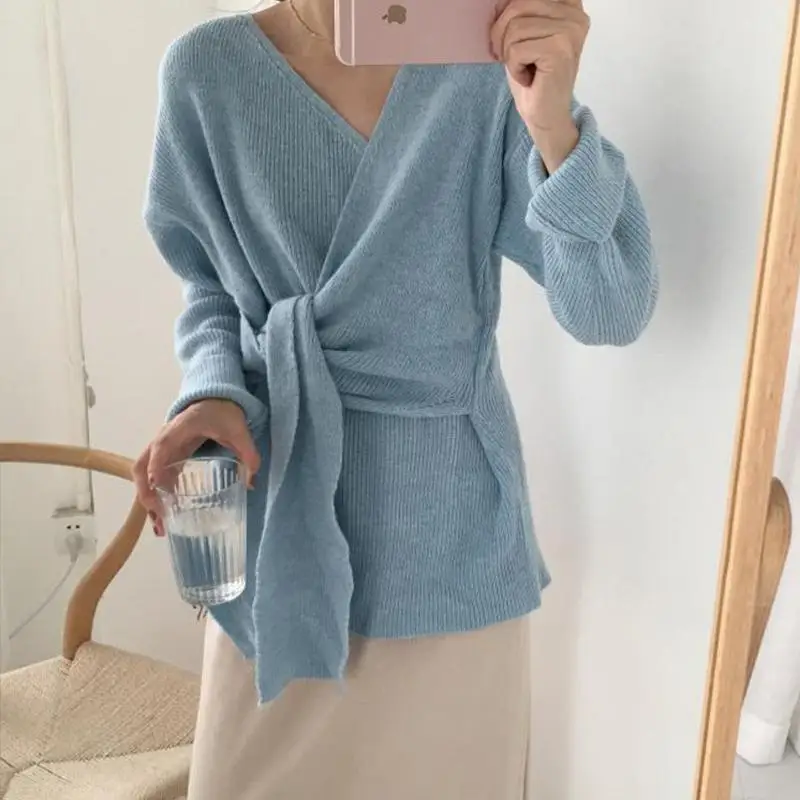 

Mossha Tie V neck knitted sweaters women Fashion 2019 autumn elegant solid sweaters pullovers Casual loose ladies jumpers female