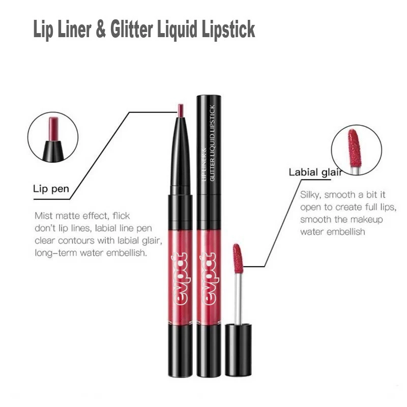 2 In 1 Lip gloss + Liner Glitter Waterproof  Double-end