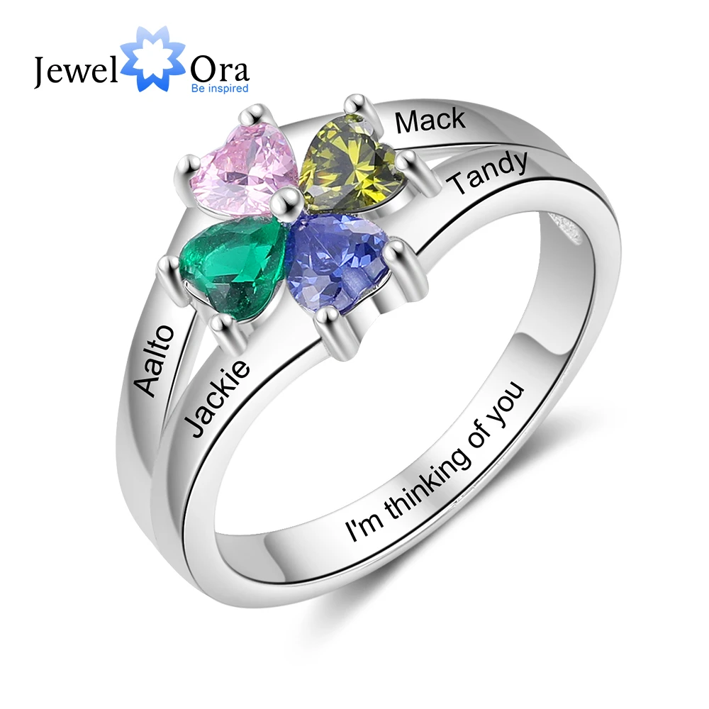 

JewelOra Customized 4 Birthstones Flower Rings for Women Silver Color Personalized Mothers Name Engraved Ring Birthday Gifts