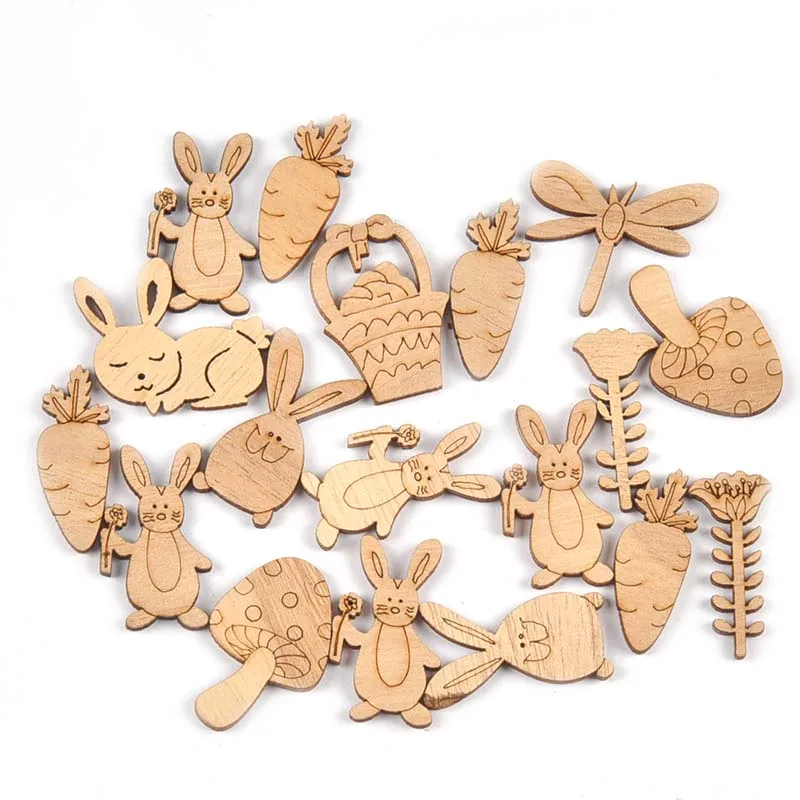 20-40mm 25Pcs Easter Eggs/Bunny Natural Wood Pieces DIY Scrapbooking Crafts Supplies Handmade Wooden Ornaments Home Decor M2732