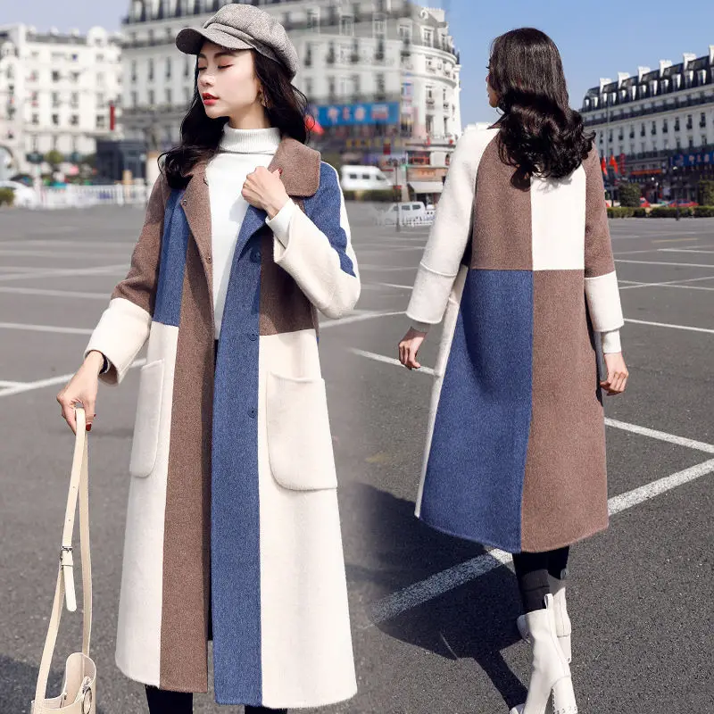 Winter New Elegant Contrast Color Lapels Long Wool Coat Women's Autumn Winter High Quality Long-sleeved Blazer Outwear Overcoats - Цвет: color 2