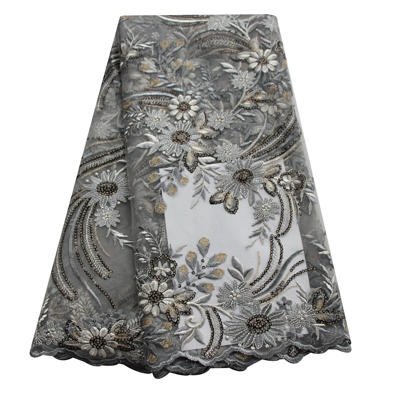 

African Grey Lace Fabric High Quality Lace 2019 Beaded Nigeria Tulle Lace Fabric With Rhinestones For Evening Dress