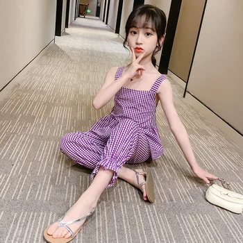 

Children Clothes Toddler Girl Outfits Summer Thin Kids Sleeveless Suspender Top+Cropped Trousers Two Piece Casual Plaid Girl Set