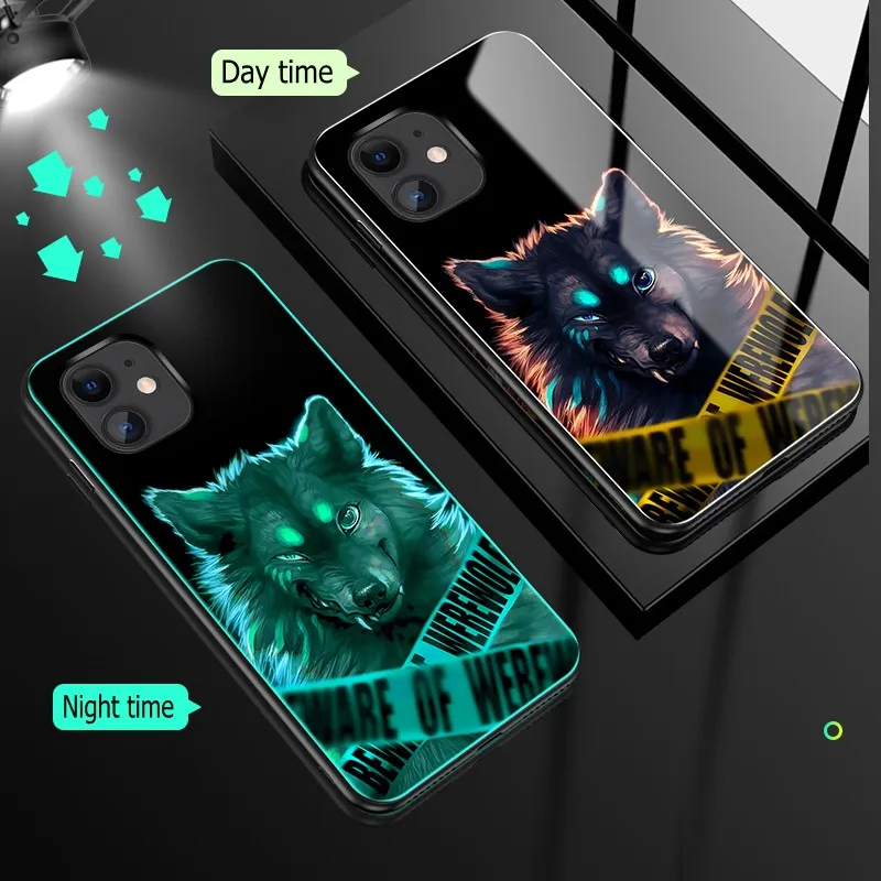 Чехол из закаленного стекла для Iphone 11 Pro XS Max XR X Чехол светящийся противоударный мультяшный чехол для Iphone 11 8 7 Plus 6 6s Plus чехол - Цвет: Wolf