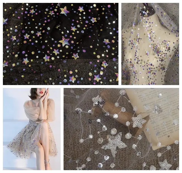 2 м/лот вышитые ткани со звездами и блестками, ткань с блестками для женских платьев и вечерних платьев, кружевная ткань с сеткой для украшения