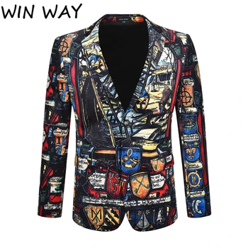 

WINWAY M-4XL Fashion Male Blazer Masculino 3D Printing Costume Homme 2019 New Style Luxury SInger DJ Jacket Men Blazer Suit