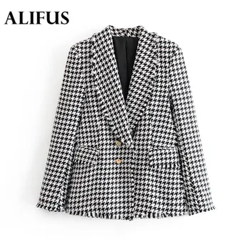 

Fashion Za White black plaid blazer women vintage office women blazers and jackets pockets coat female casual outerwear casaco f