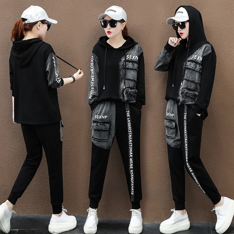 Max LuLu/модные Корейские осенние женские топы и штаны в стиле панк, женские комплекты из двух предметов, джинсовый костюм, винтажные наряды с капюшоном, большие размеры